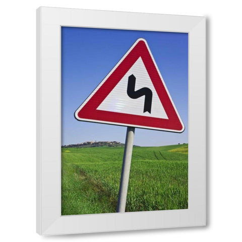 Italy, Tuscany, Pienza Road sign warning White Modern Wood Framed Art Print by Flaherty, Dennis