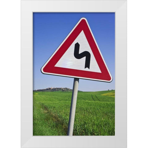 Italy, Tuscany, Pienza Road sign warning White Modern Wood Framed Art Print by Flaherty, Dennis