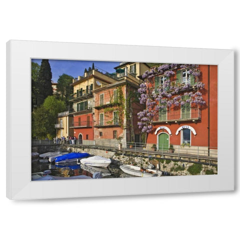 Italy, Varenna Boats moored in village harbor White Modern Wood Framed Art Print by Flaherty, Dennis