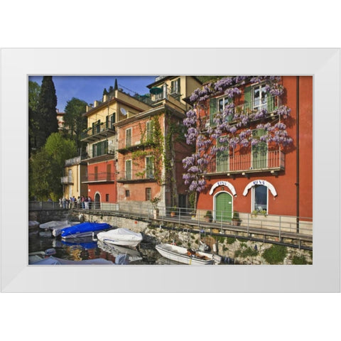 Italy, Varenna Boats moored in village harbor White Modern Wood Framed Art Print by Flaherty, Dennis