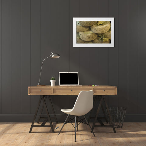 Italy, Tuscany, Pienza Cheese being seasoned White Modern Wood Framed Art Print by Flaherty, Dennis