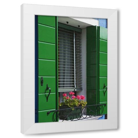 Italy, Venice Flowerbox and window shutters White Modern Wood Framed Art Print by Flaherty, Dennis
