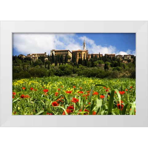 Italy, Poppies bloom below Pienza village White Modern Wood Framed Art Print by Flaherty, Dennis