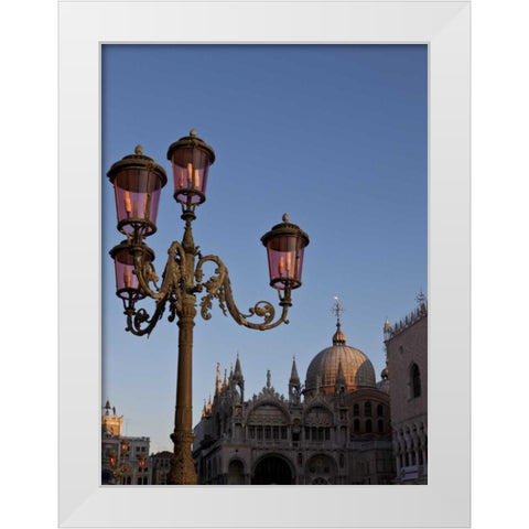Italy, Venice Ornate lamp on St Marks Square White Modern Wood Framed Art Print by Young, Bill