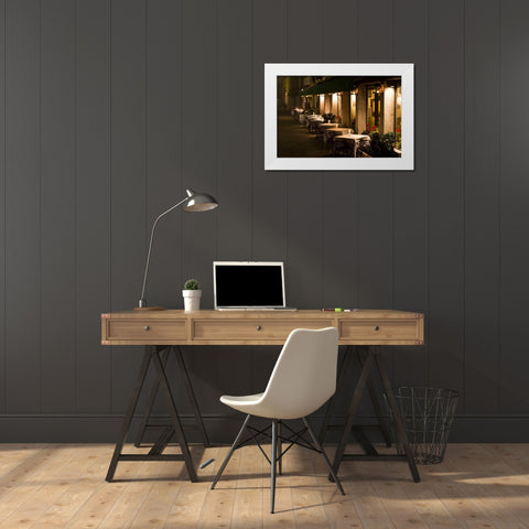 Italy, Venice Restaurant tables lit at night White Modern Wood Framed Art Print by Young, Bill