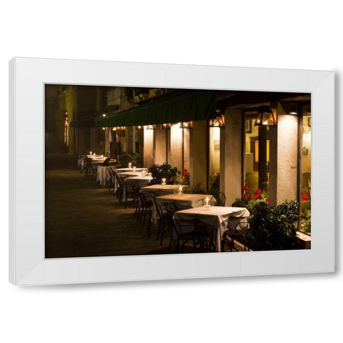 Italy, Venice Restaurant tables lit at night White Modern Wood Framed Art Print by Young, Bill
