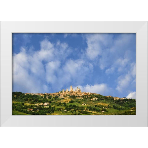 Italy, Tuscany Vineyards around hilltop town White Modern Wood Framed Art Print by Flaherty, Dennis