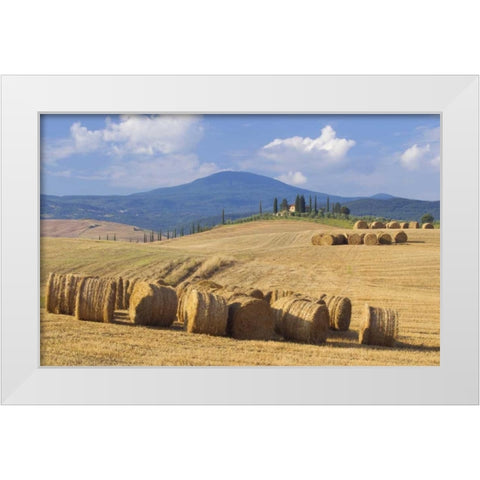 Italy, San Quirico dOrcia Bales of hay and farm White Modern Wood Framed Art Print by Delisle, Gilles