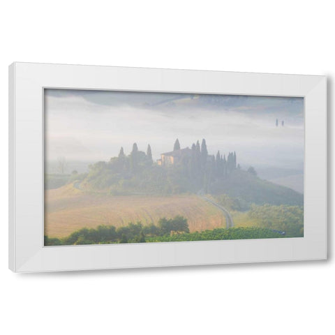Italy, Tuscany Belvedere house in morning fog White Modern Wood Framed Art Print by Delisle, Gilles