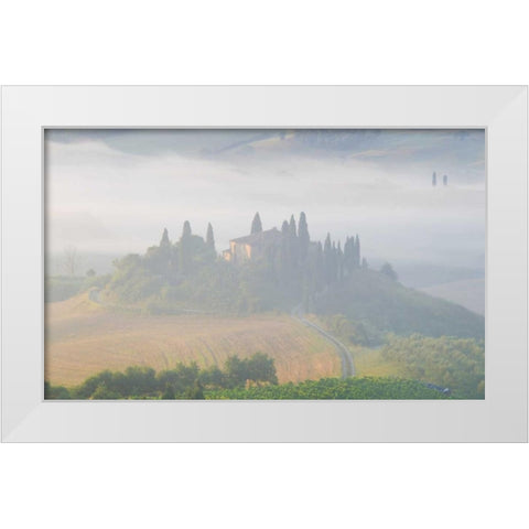 Italy, Tuscany Belvedere house in morning fog White Modern Wood Framed Art Print by Delisle, Gilles