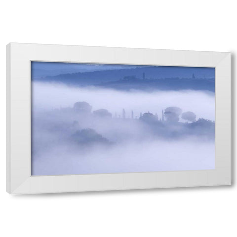 Italy, Tuscany, Pienza Morning fog over town White Modern Wood Framed Art Print by Delisle, Gilles