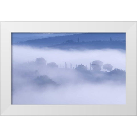 Italy, Tuscany, Pienza Morning fog over town White Modern Wood Framed Art Print by Delisle, Gilles
