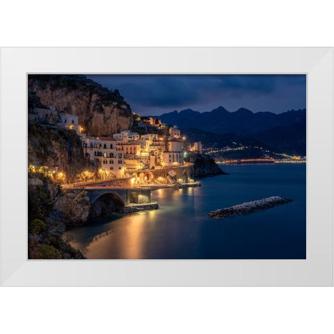 Europe-Italy-Atrani-Sunset on town and Amalfi Coast White Modern Wood Framed Art Print by Jaynes Gallery