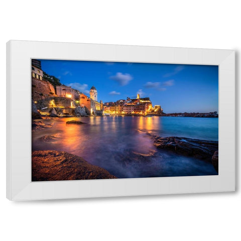 Europe-Italy-Vernazza-Landscape with village and ocean at sunset White Modern Wood Framed Art Print by Jaynes Gallery