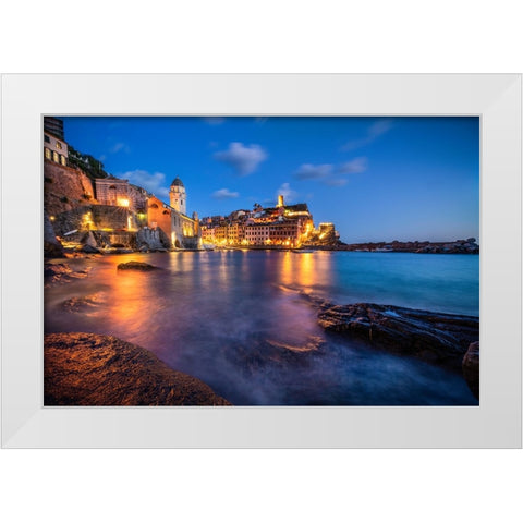 Europe-Italy-Vernazza-Landscape with village and ocean at sunset White Modern Wood Framed Art Print by Jaynes Gallery
