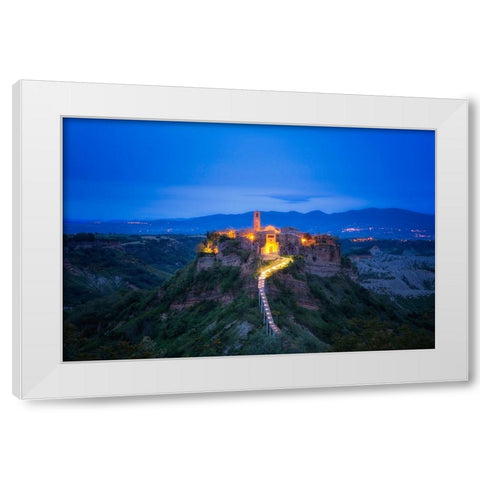 Europe-Italy-Civita di Bagnoregio-Medieval hilltop town lit at sunset White Modern Wood Framed Art Print by Jaynes Gallery