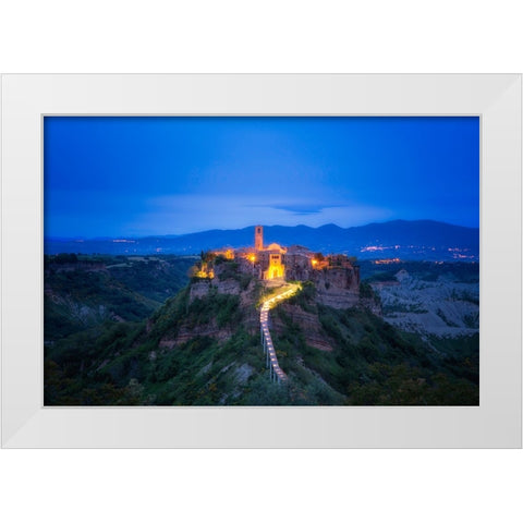 Europe-Italy-Civita di Bagnoregio-Medieval hilltop town lit at sunset White Modern Wood Framed Art Print by Jaynes Gallery