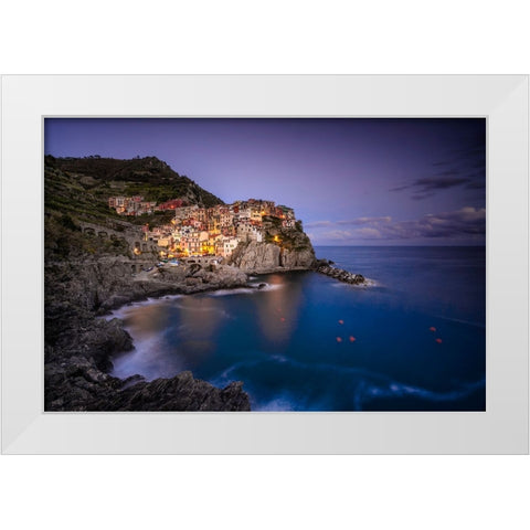 Europe-Italy-Manarola-Sunset coastline with town and ocean White Modern Wood Framed Art Print by Jaynes Gallery