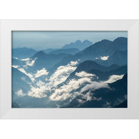 Europe-Italy-Friuli Venezia Giulia-Foggy Monte Lussari mountain at sunset White Modern Wood Framed Art Print by Jaynes Gallery