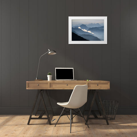 Europe-Italy-Friuli Venezia Giulia-Foggy Monte Lussari mountain at sunset White Modern Wood Framed Art Print by Jaynes Gallery