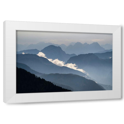 Europe-Italy-Friuli Venezia Giulia-Foggy Monte Lussari mountain at sunset White Modern Wood Framed Art Print by Jaynes Gallery