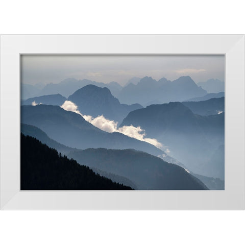Europe-Italy-Friuli Venezia Giulia-Foggy Monte Lussari mountain at sunset White Modern Wood Framed Art Print by Jaynes Gallery