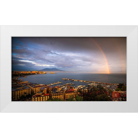 Europe-Italy-Naples-Overview of city and Mt-Vesuvius with rainbow White Modern Wood Framed Art Print by Jaynes Gallery