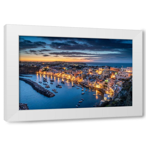 Europe-Italy-Procida-Overview of city and Marina Corricella at sunset White Modern Wood Framed Art Print by Jaynes Gallery
