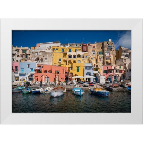 Europe-Italy-Procida-City houses and boats in Marina Corricella White Modern Wood Framed Art Print by Jaynes Gallery