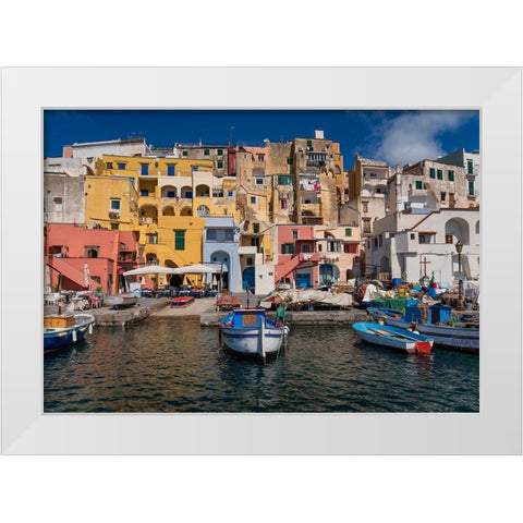 Europe-Italy-Procida-City houses and boats in Marina Corricella White Modern Wood Framed Art Print by Jaynes Gallery
