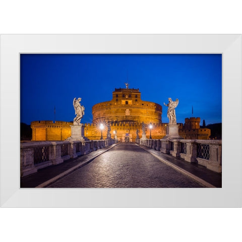 Europe-Italy-Rome-Bridge to Castel SantAngelo lit at night White Modern Wood Framed Art Print by Jaynes Gallery
