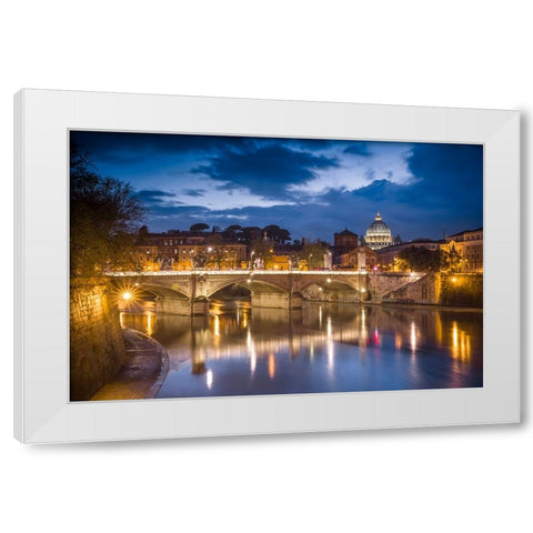 Europe-Italy-Rome-Dome of Sistine Chapel with Tiber River and bridge lit at sunset White Modern Wood Framed Art Print by Jaynes Gallery