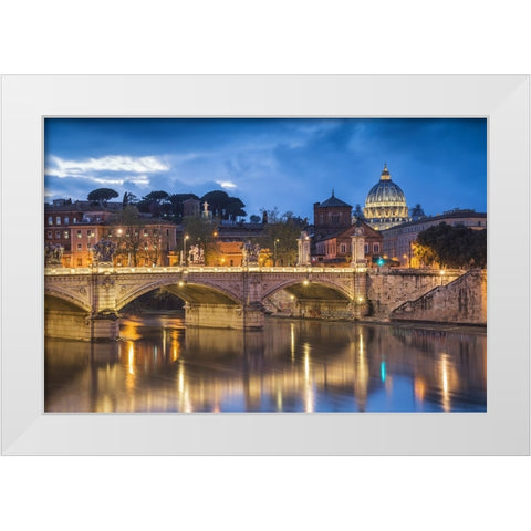 Europe-Italy-Rome-Dome of Sistine Chapel with Tiber River and bridge lit at sunset White Modern Wood Framed Art Print by Jaynes Gallery