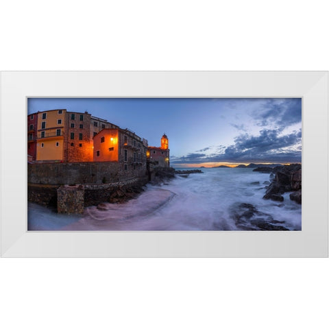 Europe-Italy-Tellaro-Panoramic of village and sea at sunset White Modern Wood Framed Art Print by Jaynes Gallery
