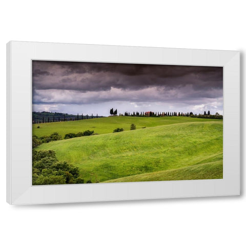 Europe-Italy-Tuscany-Val d Orcia-Farmland under stormy sky White Modern Wood Framed Art Print by Jaynes Gallery