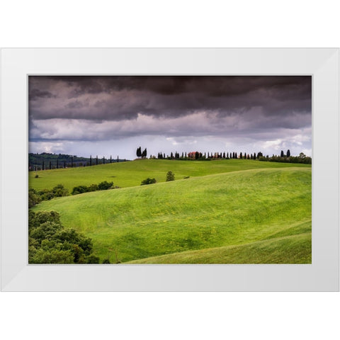Europe-Italy-Tuscany-Val d Orcia-Farmland under stormy sky White Modern Wood Framed Art Print by Jaynes Gallery