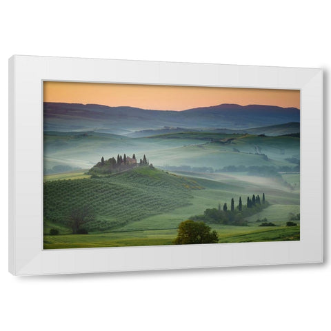 Europe-Italy-Tuscany-Val d Orcia-Belvedere farmhouse at sunrise White Modern Wood Framed Art Print by Jaynes Gallery