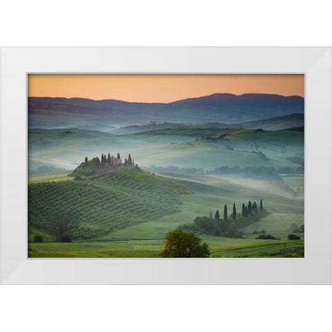 Europe-Italy-Tuscany-Val d Orcia-Belvedere farmhouse at sunrise White Modern Wood Framed Art Print by Jaynes Gallery