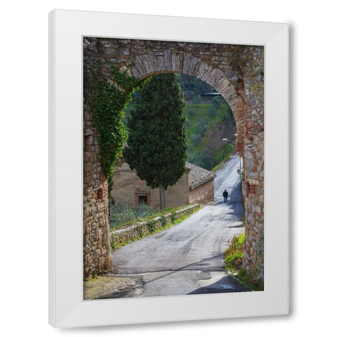 Europe-Italy-Tuscany-Val d Orcia-Lone person walking on rural road White Modern Wood Framed Art Print by Jaynes Gallery