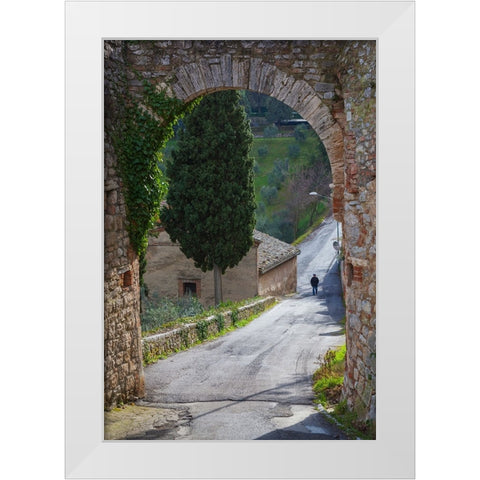 Europe-Italy-Tuscany-Val d Orcia-Lone person walking on rural road White Modern Wood Framed Art Print by Jaynes Gallery