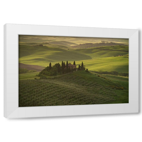 Europe-Italy-Tuscany-Val dOrcia-Belvedere farmhouse at sunrise  White Modern Wood Framed Art Print by Jaynes Gallery