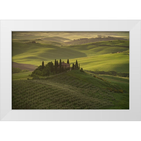 Europe-Italy-Tuscany-Val dOrcia-Belvedere farmhouse at sunrise  White Modern Wood Framed Art Print by Jaynes Gallery
