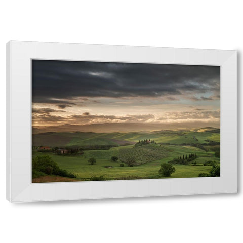 Europe-Italy-Tuscany-Val d Orcia-Belvedere farmhouse at sunrise White Modern Wood Framed Art Print by Jaynes Gallery
