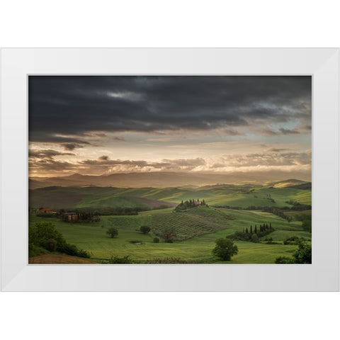 Europe-Italy-Tuscany-Val d Orcia-Belvedere farmhouse at sunrise White Modern Wood Framed Art Print by Jaynes Gallery