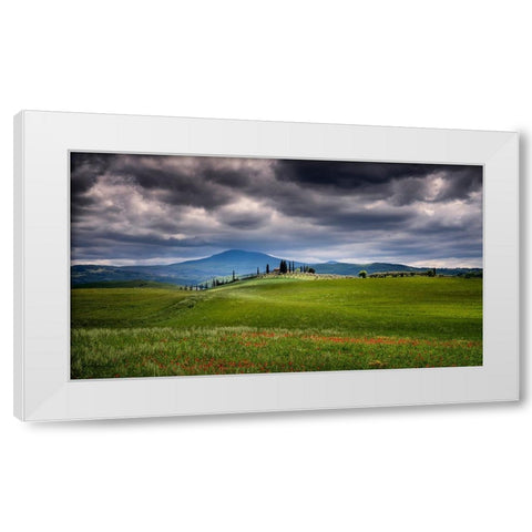 Europe-Italy-Tuscany-Val d Orcia-Farmland under stormy sky White Modern Wood Framed Art Print by Jaynes Gallery