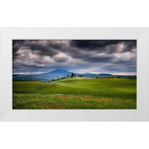 Europe-Italy-Tuscany-Val d Orcia-Farmland under stormy sky White Modern Wood Framed Art Print by Jaynes Gallery