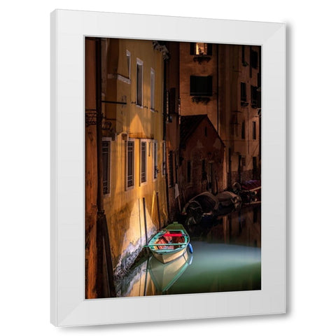 Europe-Italy-Venice-Wooden boat and reflections on still canal at night White Modern Wood Framed Art Print by Jaynes Gallery