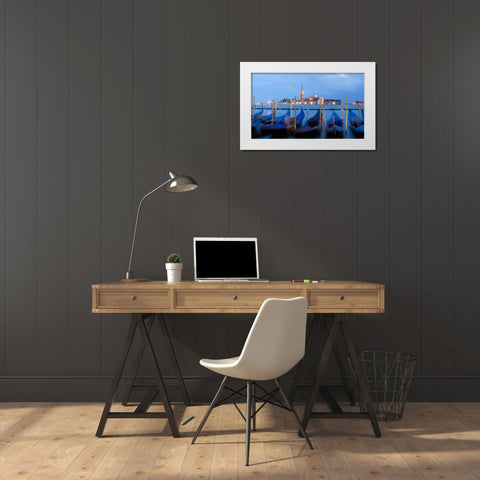 Europe-Italy-Venice-Sunset on gondolas and Church of San Giorgio Maggiore White Modern Wood Framed Art Print by Jaynes Gallery
