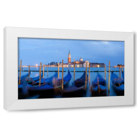 Europe-Italy-Venice-Sunset on gondolas and Church of San Giorgio Maggiore White Modern Wood Framed Art Print by Jaynes Gallery