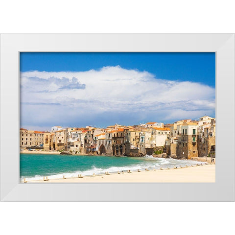 Palermo Province-Cefalu The beach on the Mediterranean Sea in the town of Cefalu White Modern Wood Framed Art Print by Wilson, Emily